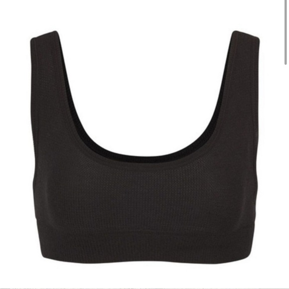 Skims Black Cotton Waffle Knit Thermal Ribbed Scoop Loungewear Bra - Picture 1 of 4